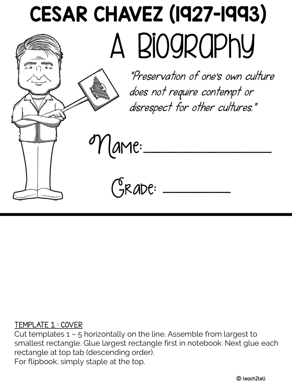 Cesar Chavez flipbook cover cut-out piece: his quote on culture, a portrait to color, and name and grade blanks