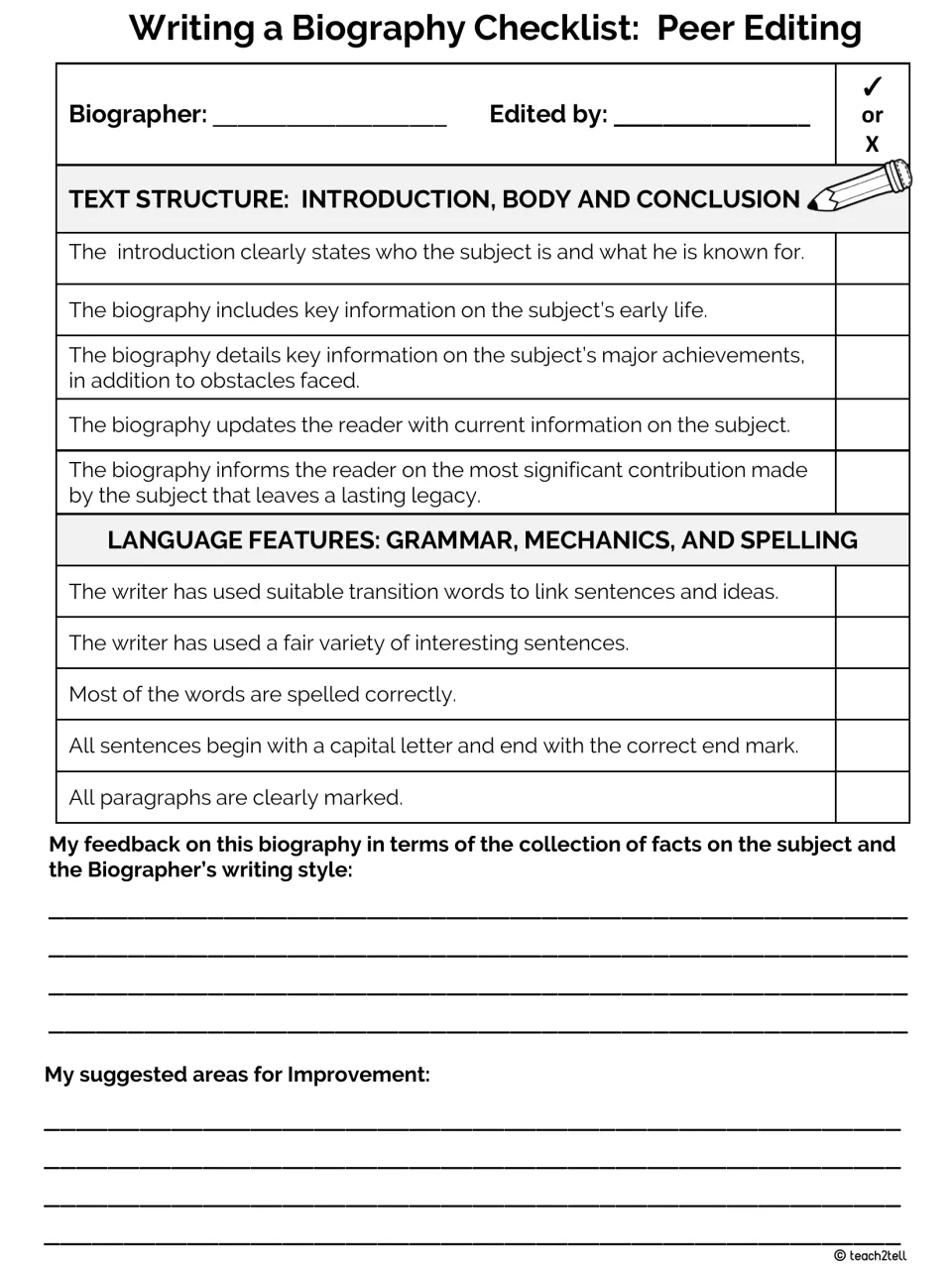 Biography peer-editing checklist: an editor checks text structure and grammar, mechanics and spelling, then writes feedback