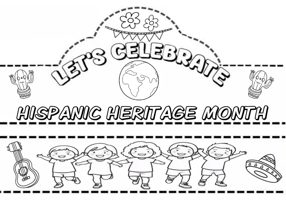 Let's Celebrate Hispanic Heritage Month crown to color and cut, with a globe, cacti and a strip of children holding hands