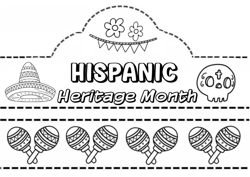 Hispanic Heritage Month crown with sombrero, sugar skull, flowers and bunting to color, plus a strip of maracas to cut