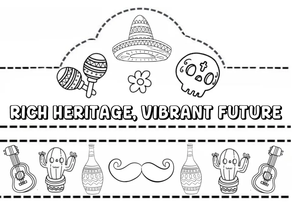 Rich Heritage, Vibrant Future crown to color and cut, with maracas, sombrero, skull and a strip of guitars and cacti