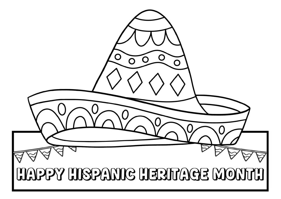 Happy Hispanic Heritage Month sombrero hat to color and cut out, with diamond and dot patterns above a bunting banner