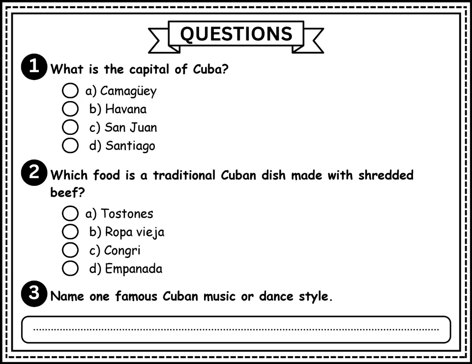 Cuba comprehension questions 1–3: identify the capital, a shredded beef dish, and a music or dance style