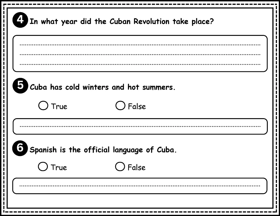 Cuba comprehension questions 4–6: the revolution's year and true-or-false statements on climate and Spanish