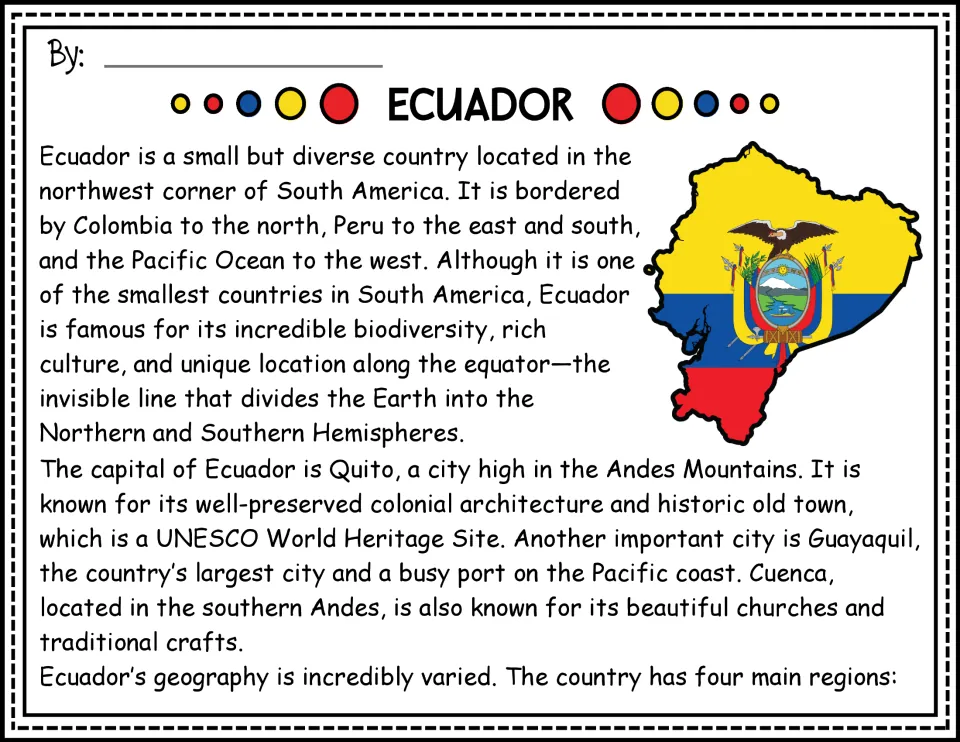 Ecuador passage opening: location, the equator, Quito, Guayaquil, and Cuenca, with a flag-filled map
