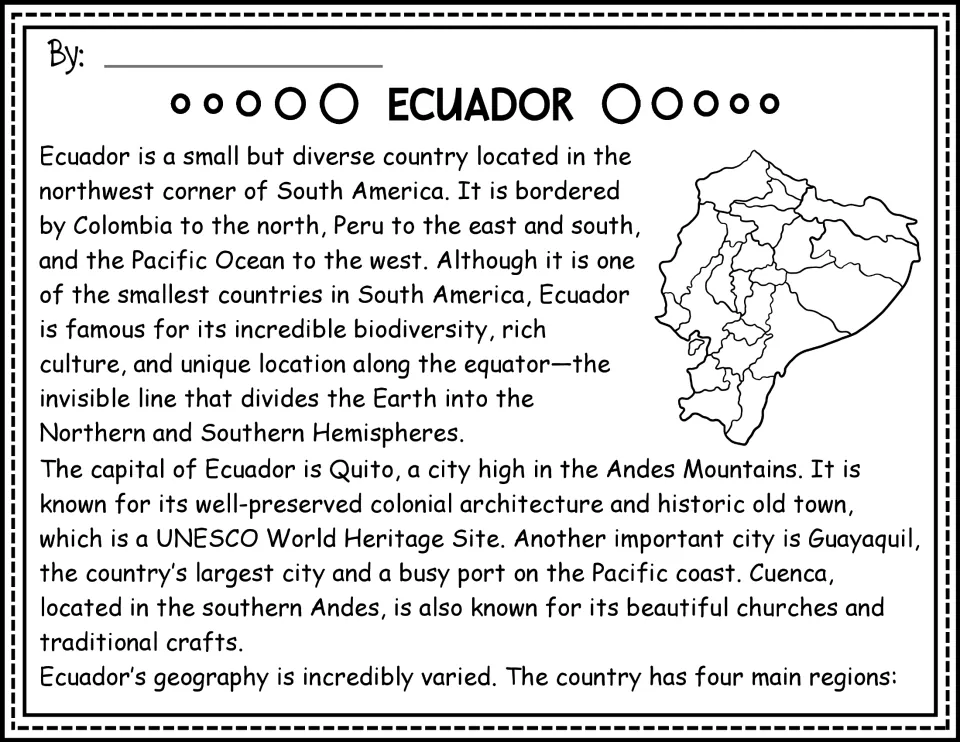 Ecuador passage opening: location, the equator, and major cities, with a black-and-white country map