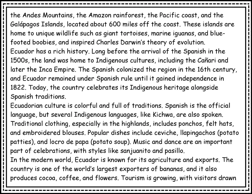 Ecuador passage continuation covers four regions, Galápagos wildlife, history, culture, and exports