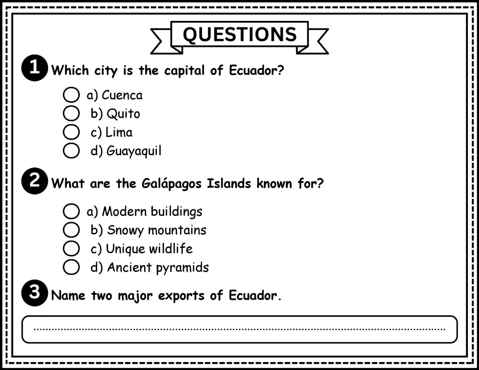 Ecuador comprehension questions 1–3 ask about the capital city, Galápagos wildlife, and two major exports