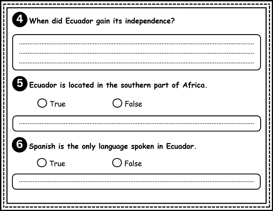Ecuador comprehension questions 4–6 ask about independence and test statements about location and language