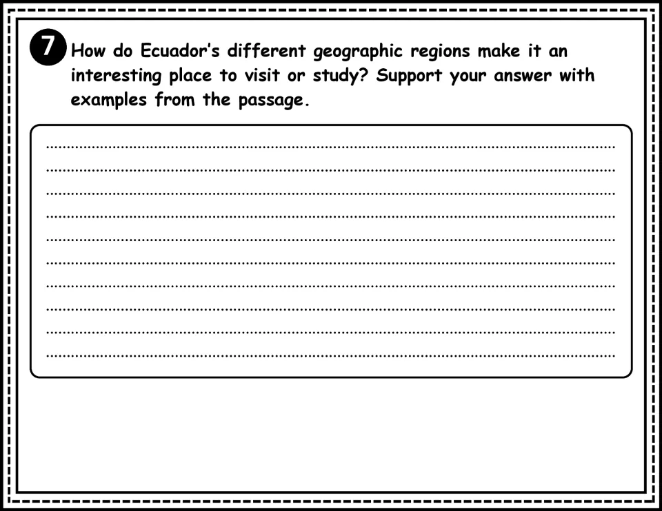 Ecuador comprehension question 7 asks how its geographic regions make it interesting, using passage examples