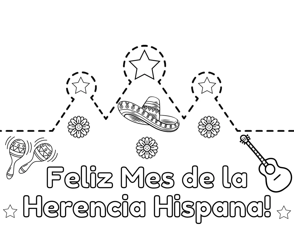Spanish crown front reading Feliz Mes de la Herencia Hispana! with a sombrero, flowers and maracas to color and cut out