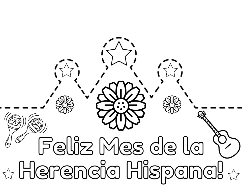 Spanish crown front, Feliz Mes de la Herencia Hispana!, with a large center flower, stars, maracas and guitar to color