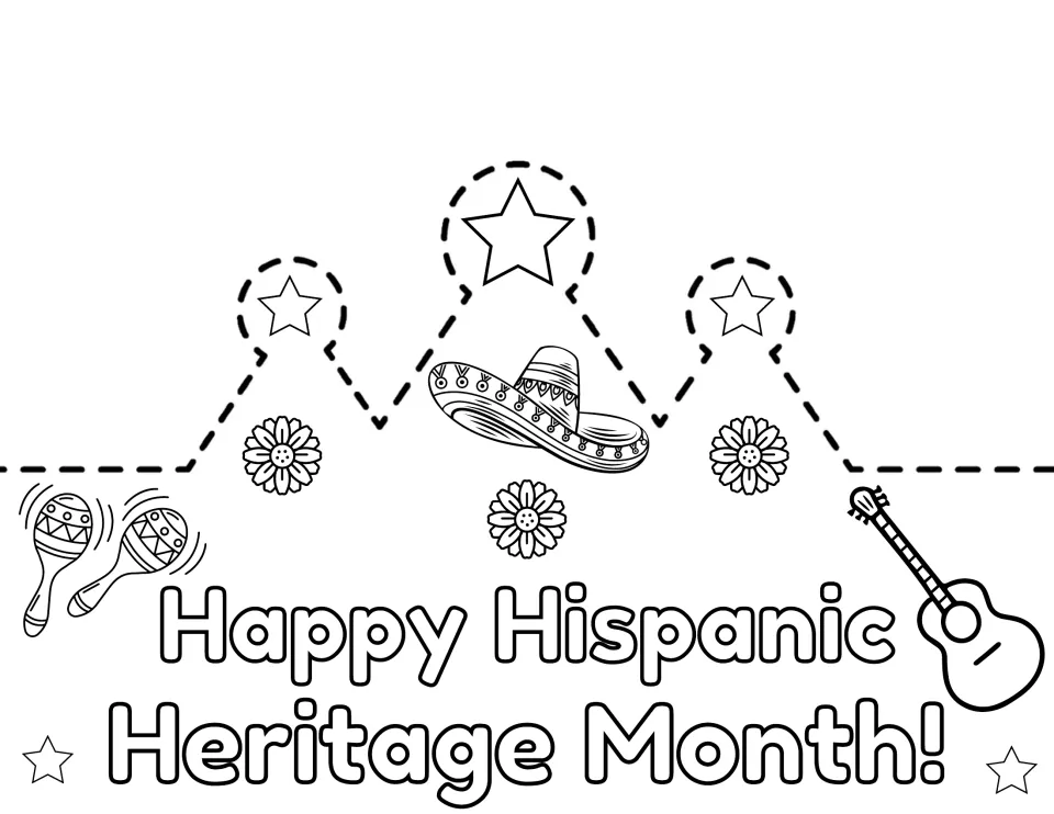 English crown front reading Happy Hispanic Heritage Month! with a sombrero, flowers, maracas and guitar to color and cut