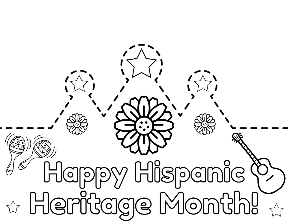 English crown front, Happy Hispanic Heritage Month!, with a large center flower, stars, maracas and guitar to color