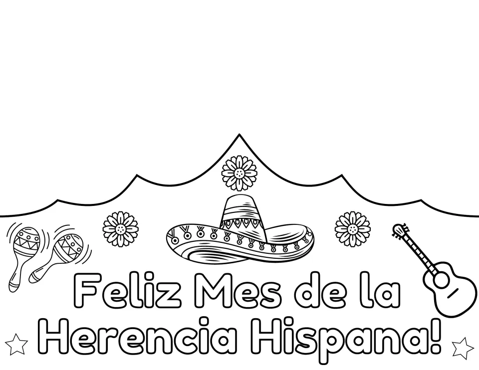 Spanish crown front to color: Feliz Mes de la Herencia Hispana! with a sombrero, flowers, maracas and a guitar
