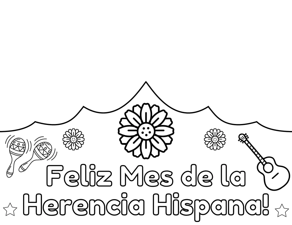 Spanish crown front to color: Feliz Mes de la Herencia Hispana! with a large center flower, maracas and a guitar