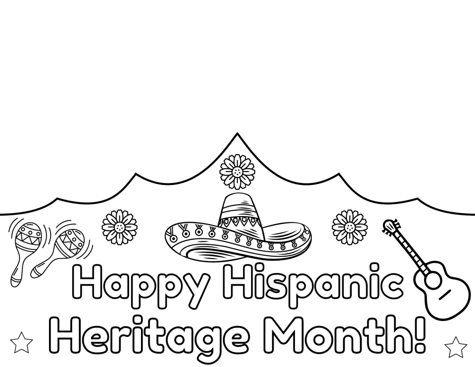English crown front to color: Happy Hispanic Heritage Month! with a sombrero, flowers, maracas and a guitar