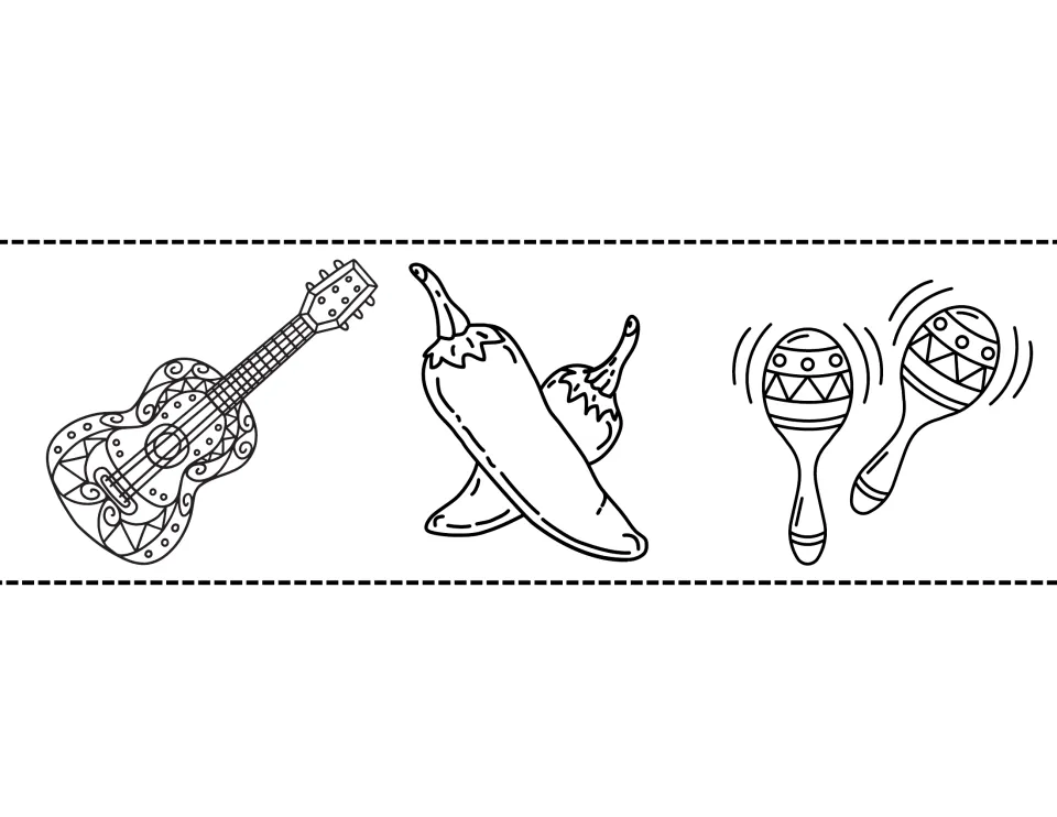 Crown band cut-out piece showing a decorated guitar, two chili peppers and a pair of maracas to color and cut out