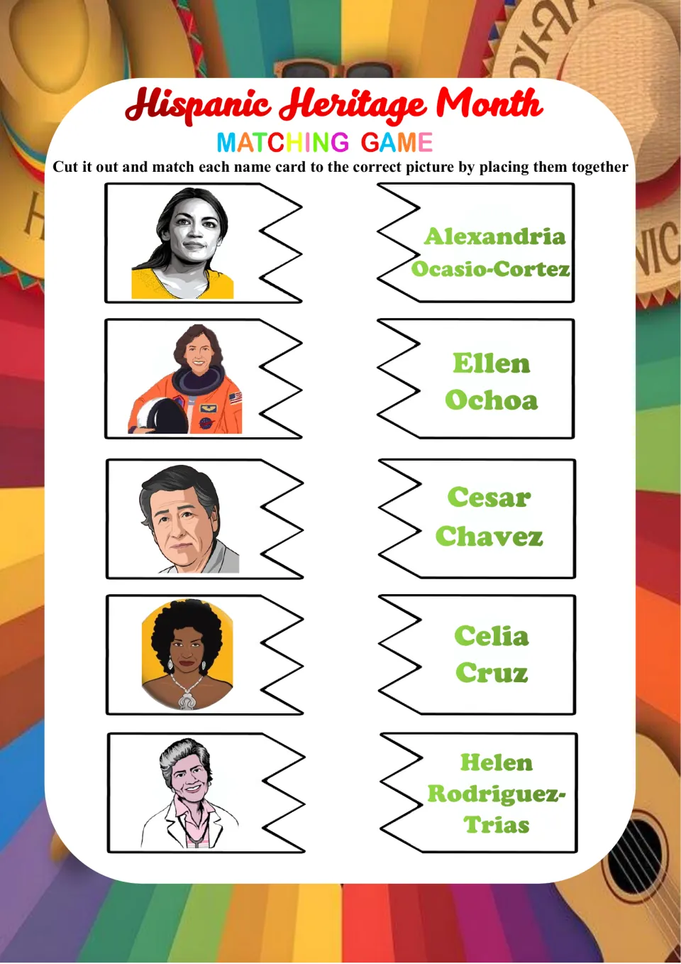 Hispanic Heritage Month matching: students cut out and pair portraits with Ellen Ochoa, Cesar Chavez, Celia Cruz and more