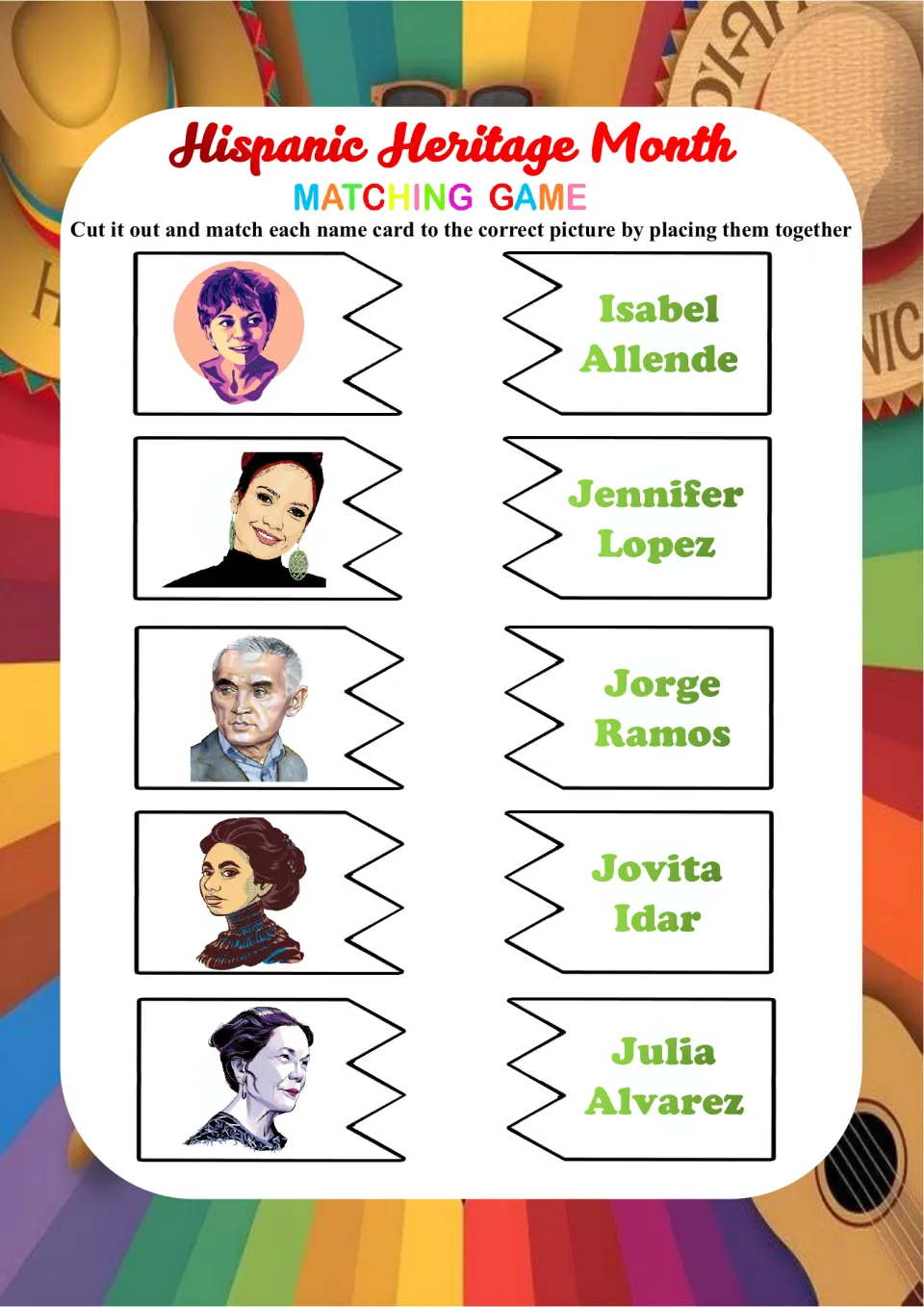 Famous figures matching cards: students cut and match portraits to Isabel Allende, Jennifer Lopez, Jorge Ramos and more