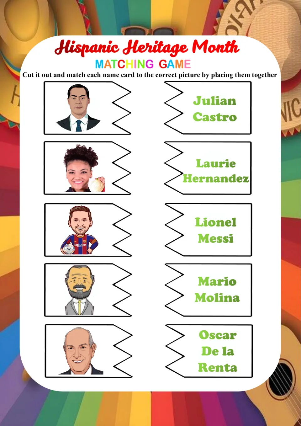 Portrait-to-name matching: students cut out cards and pair faces with Julian Castro, Lionel Messi, Mario Molina and others