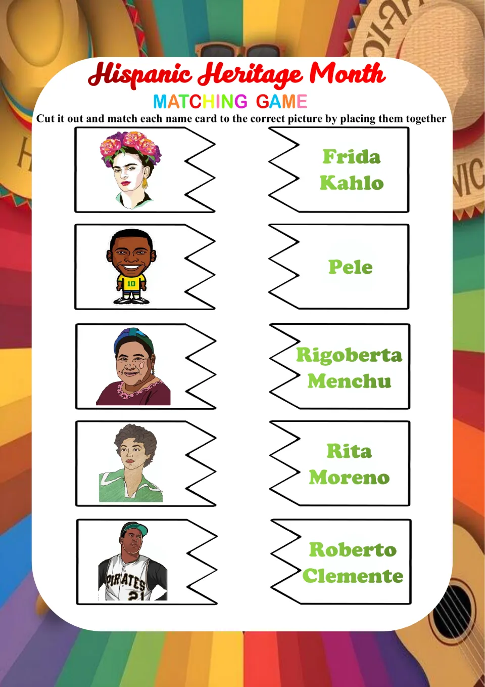Heritage figures card match: students cut and pair portraits with Frida Kahlo, Pele, Rigoberta Menchu, Rita Moreno and more