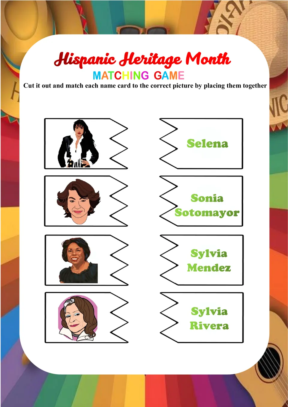 Final four matching pairs: students cut and match portraits to Selena, Sonia Sotomayor, Sylvia Mendez and Sylvia Rivera