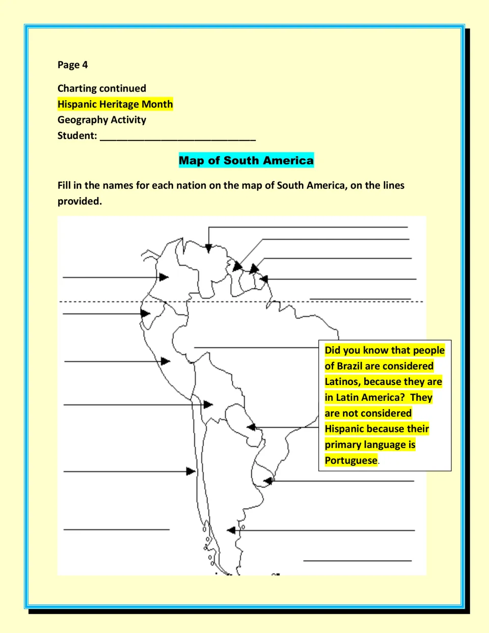 Map of South America labeling: students write each nation's name on the arrow lines; Brazil Latino vs Hispanic note