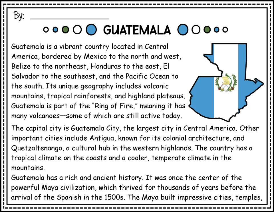 Reading passage opening: Guatemala's geography, cities, climate, and Maya history, with a flag-filled map