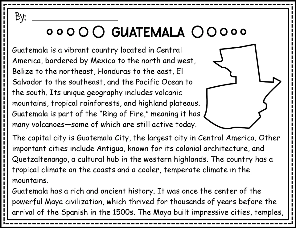 Reading passage opening: Guatemala's geography, cities, climate, and Maya history, with an outline map