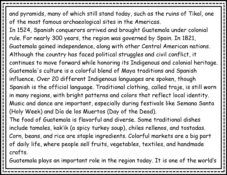 Reading passage continuation: Tikal, Spanish rule, independence, Indigenous languages, festivals, and food