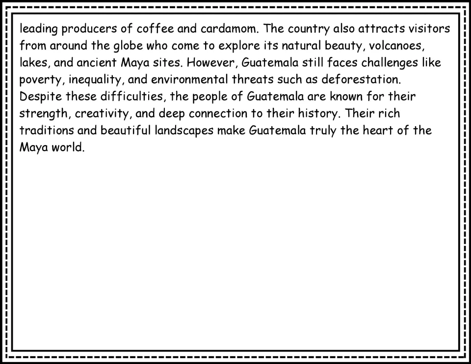 Reading passage conclusion: Guatemala's coffee and cardamom production, tourism, and environmental threats