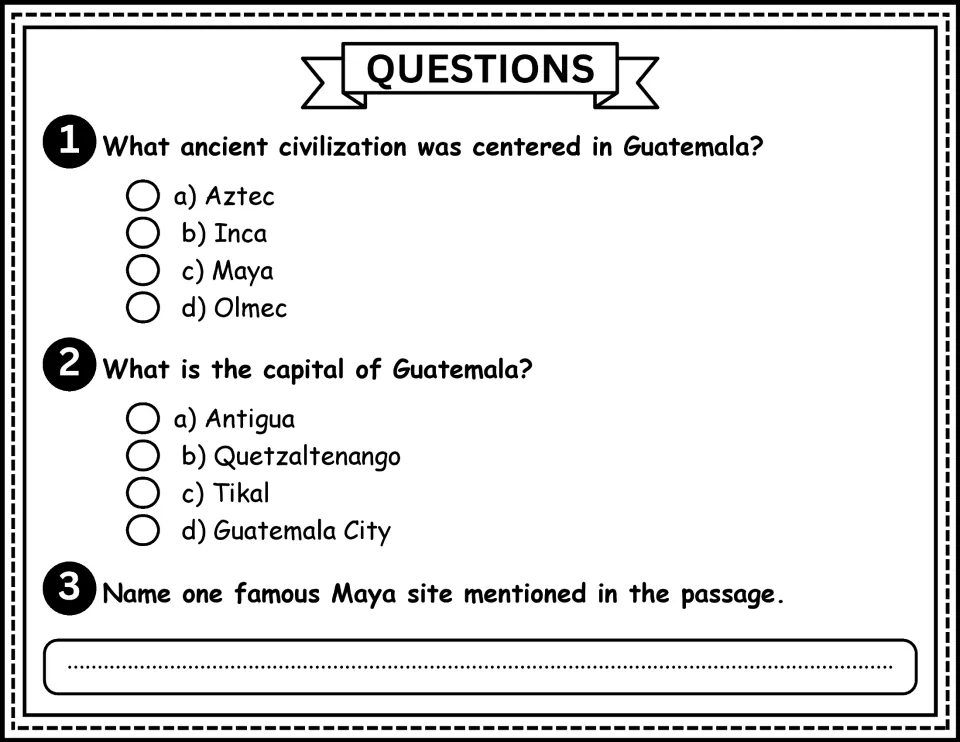 Comprehension questions 1–3 ask about Guatemala's ancient civilization, capital city, and a famous Maya site