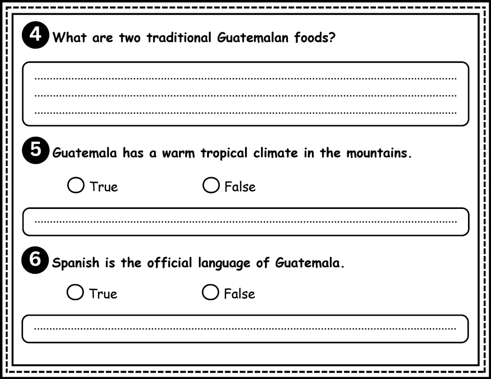 Comprehension questions 4–6 cover traditional Guatemalan foods, mountain climate, and the official language