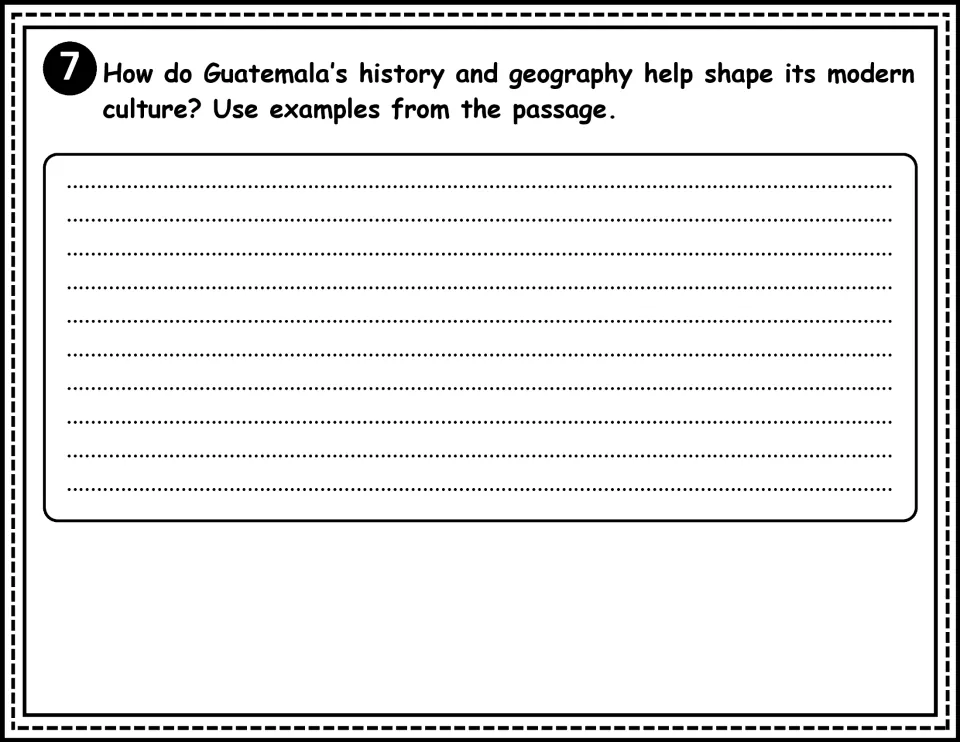 Comprehension question 7 asks how Guatemala's history and geography shape modern culture, using text examples