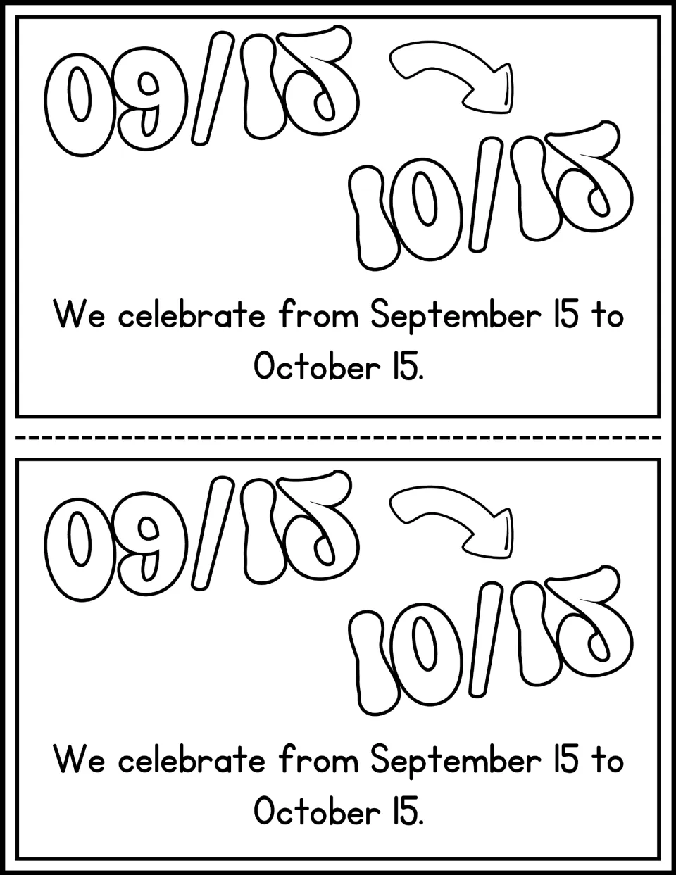 Mini-book page 2: 'We celebrate from September 15 to October 15,' with both dates pictured, printed twice