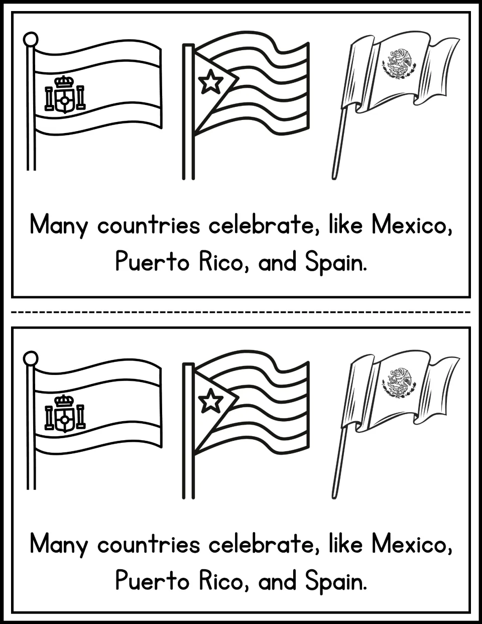 Mini-book page 3 names Mexico, Puerto Rico, and Spain in a sentence about celebrating, printed twice