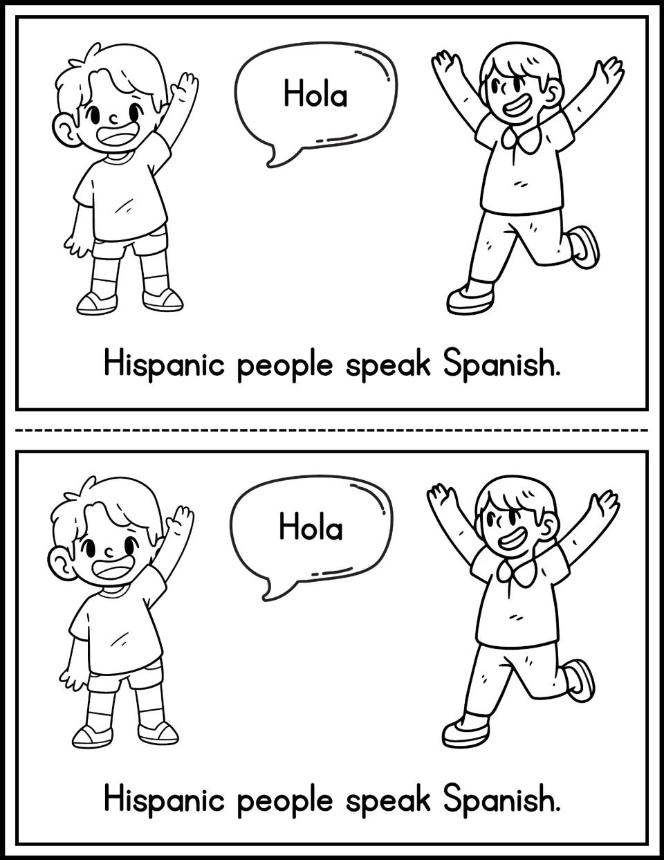 Mini-book page 4: 'Hispanic people speak Spanish,' with children saying 'Hola' (hello), printed twice