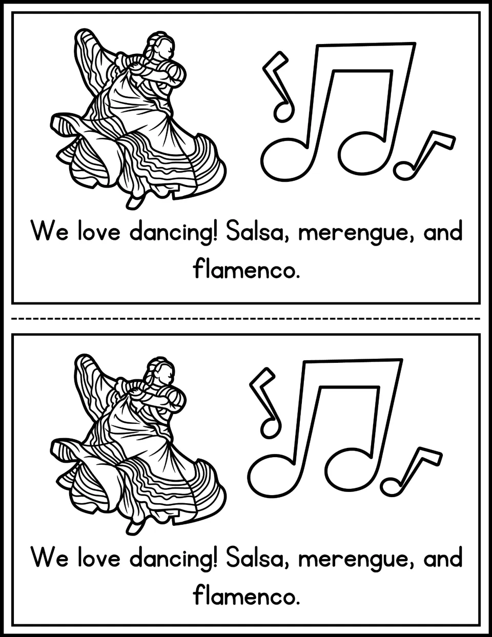 Mini-book page 5: 'We love dancing! Salsa, merengue, and flamenco,' with a dancer to color, printed twice