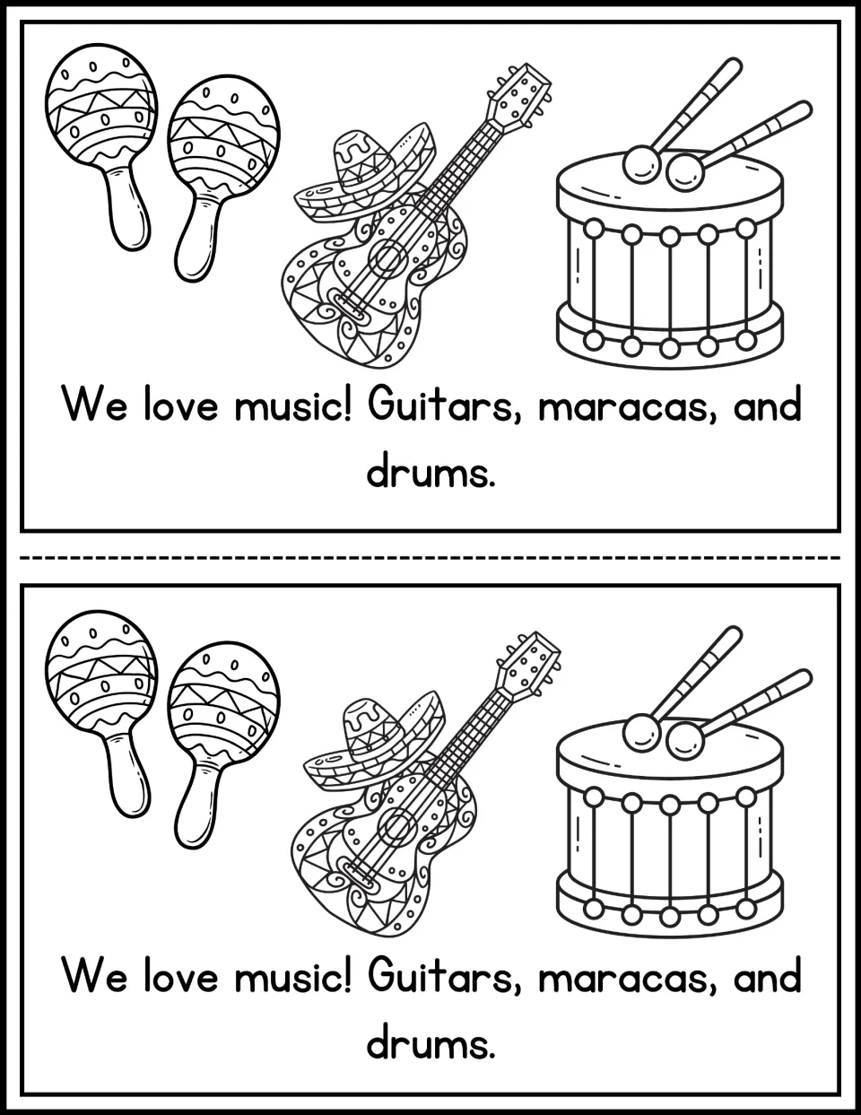 Mini-book page 6: 'We love music! Guitars, maracas, and drums,' with instruments to color, printed twice