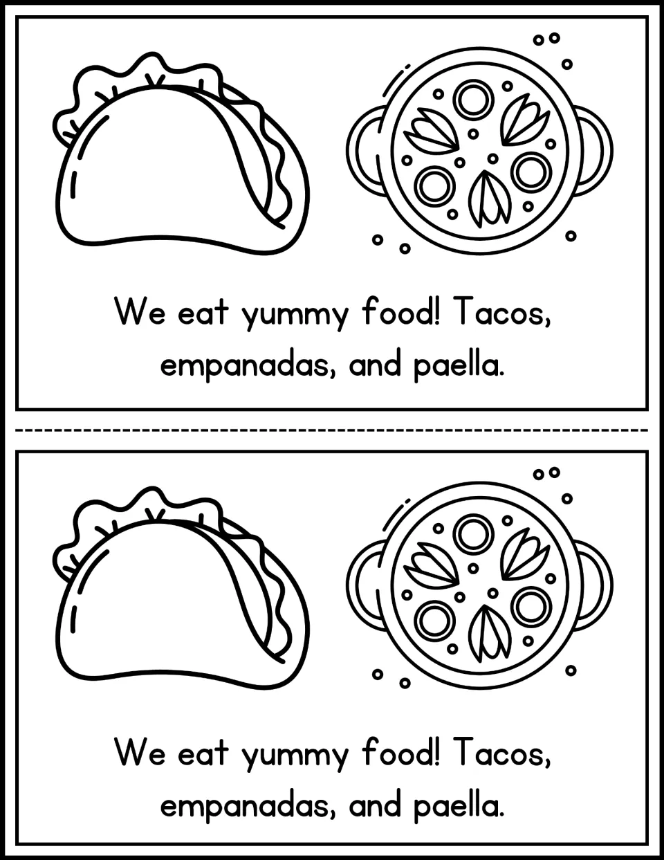 Mini-book page 7: 'We eat yummy food! Tacos, empanadas, and paella,' with food to color, printed twice