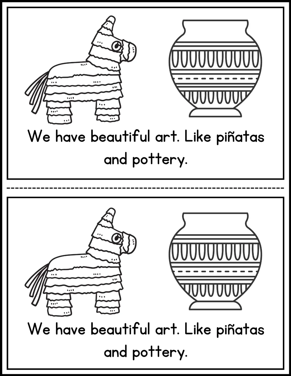 Mini-book page 8: 'We have beautiful art. Like piñatas and pottery,' with examples to color, printed twice