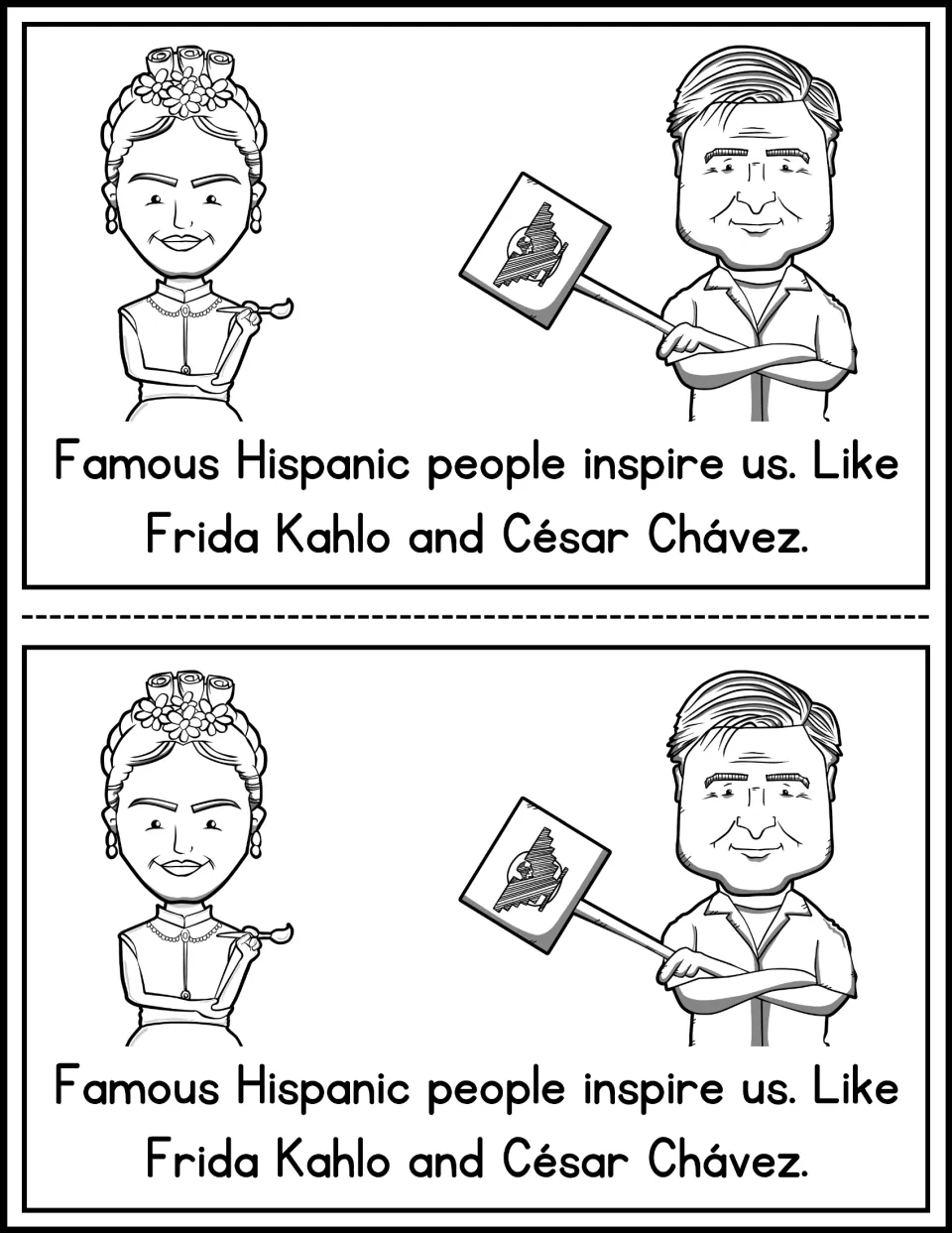 Mini-book page 9 names Frida Kahlo and César Chávez as inspiring Hispanic people, with portraits, printed twice