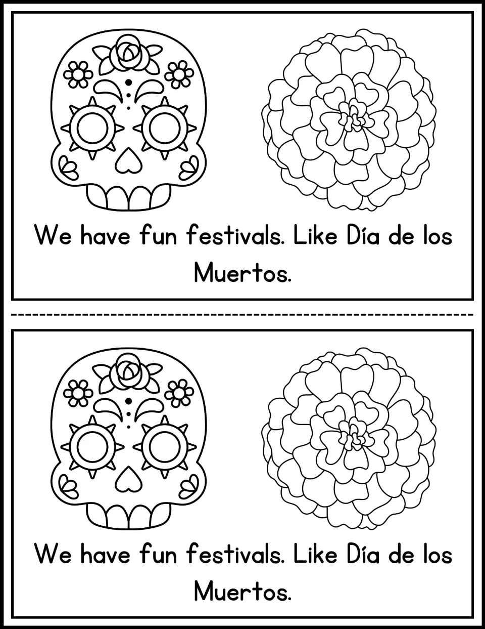 Mini-book page 10 names Día de los Muertos (Day of the Dead), with a skull and flower to color, printed twice