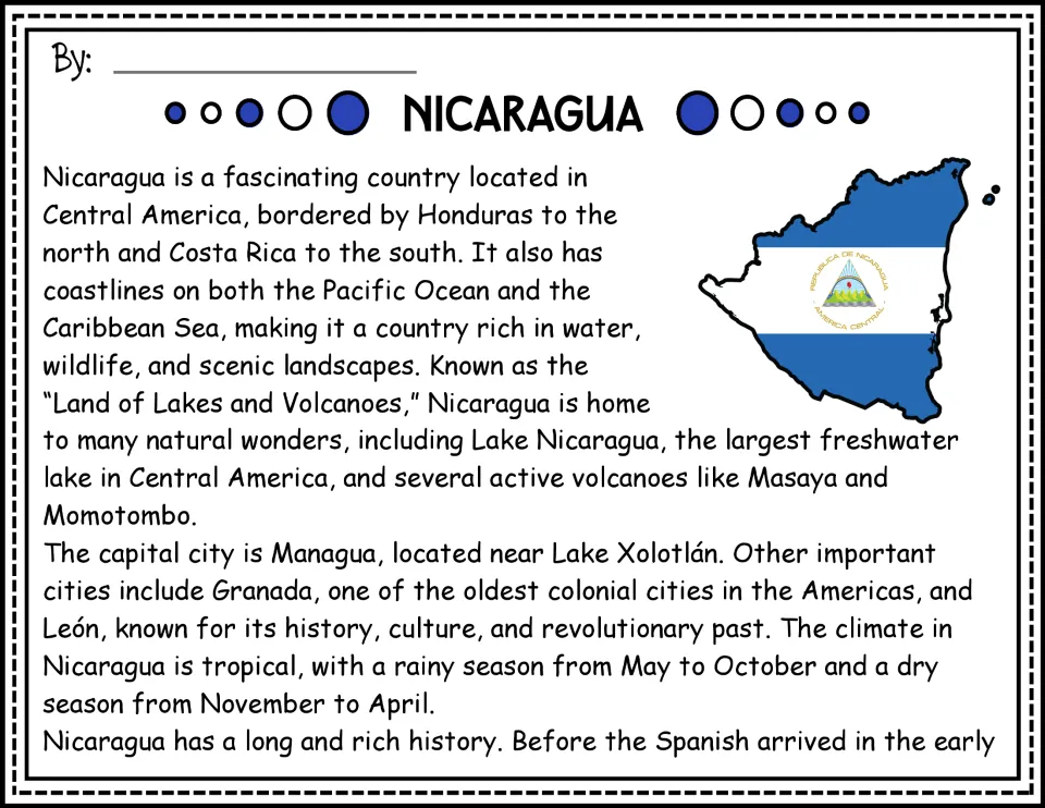 Nicaragua passage opening: geography, lakes, volcanoes, cities, and climate, with a flag-filled country map