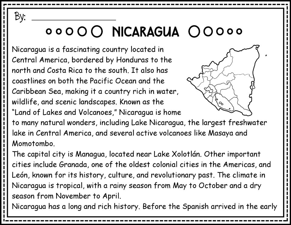 Nicaragua passage opening repeated with an outline map: geography, lakes, volcanoes, cities, and climate