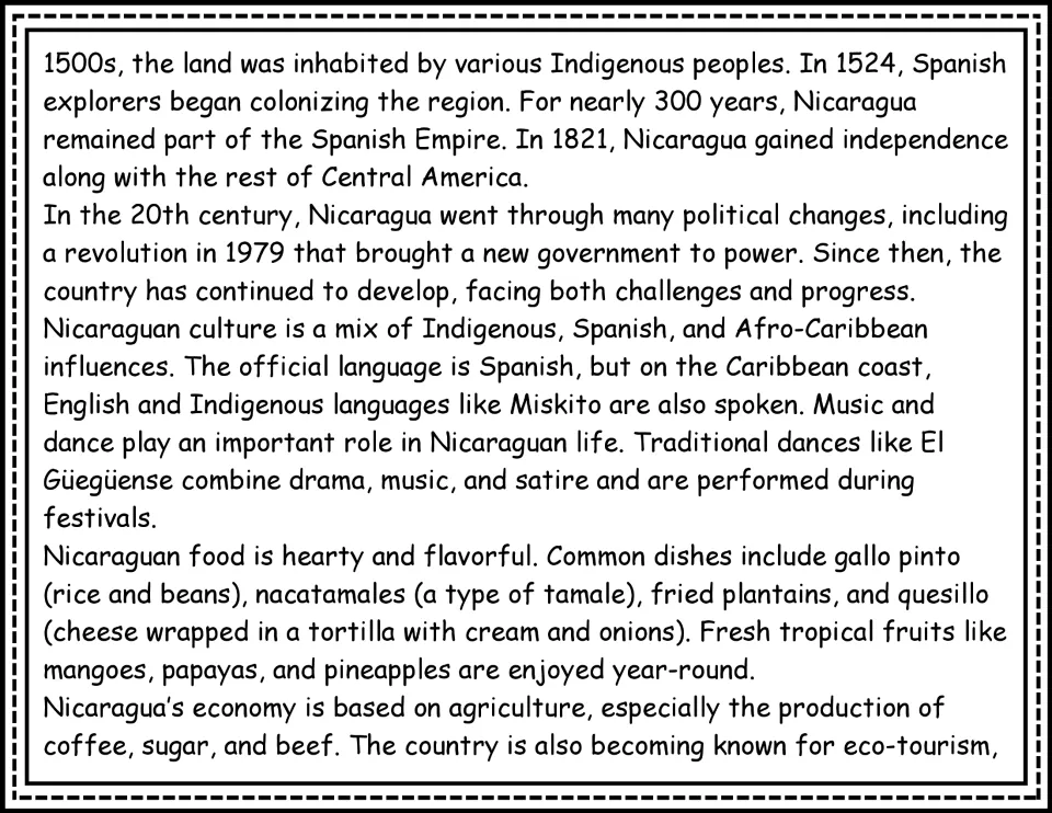 Nicaragua passage continuation: Indigenous history, Spanish colonization, languages, food, and agriculture