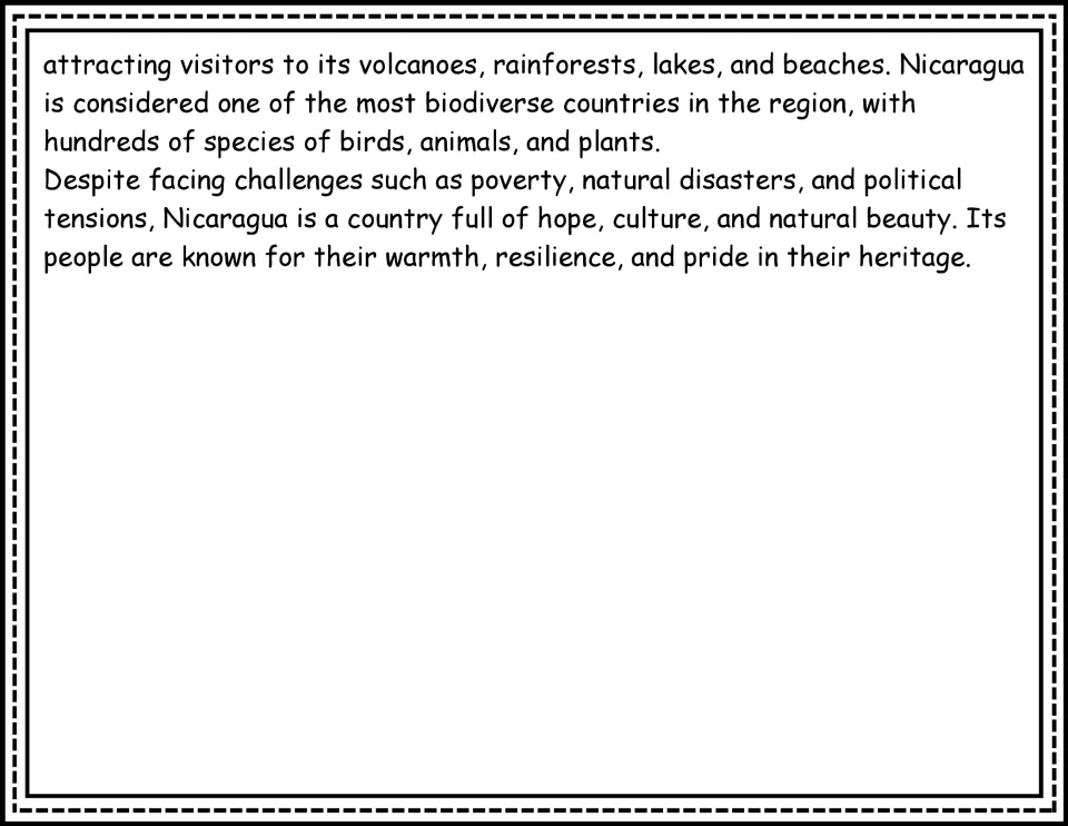 Nicaragua passage conclusion: eco-tourism, biodiversity, natural disasters, and pride in cultural heritage