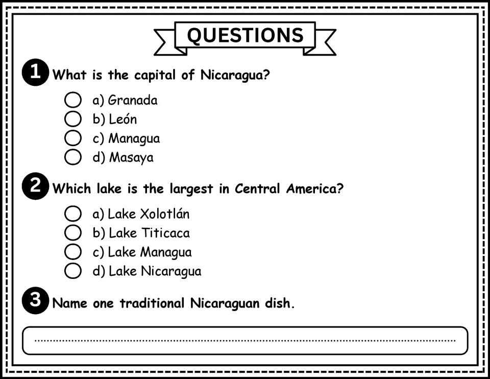 Nicaragua comprehension questions 1–3 ask about the capital, Central America's largest lake, and a dish