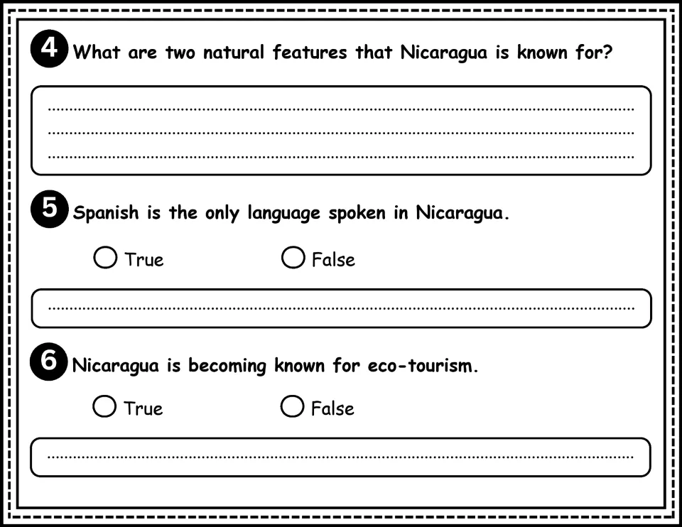 Nicaragua comprehension questions 4–6 cover natural features, spoken languages, and growing eco-tourism